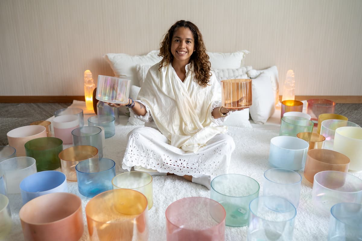 Camila Rodriguez with crystal singing bowls