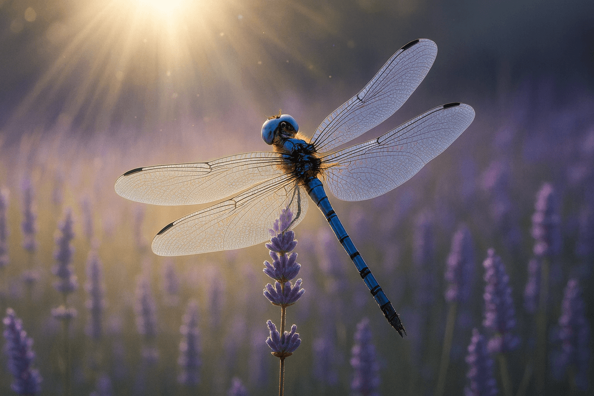 Blue dragonfly perched on lavender flowers