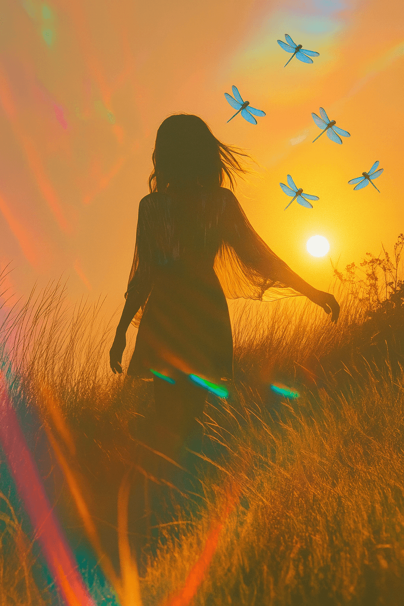 Woman silhouette at sunset with dragonflies